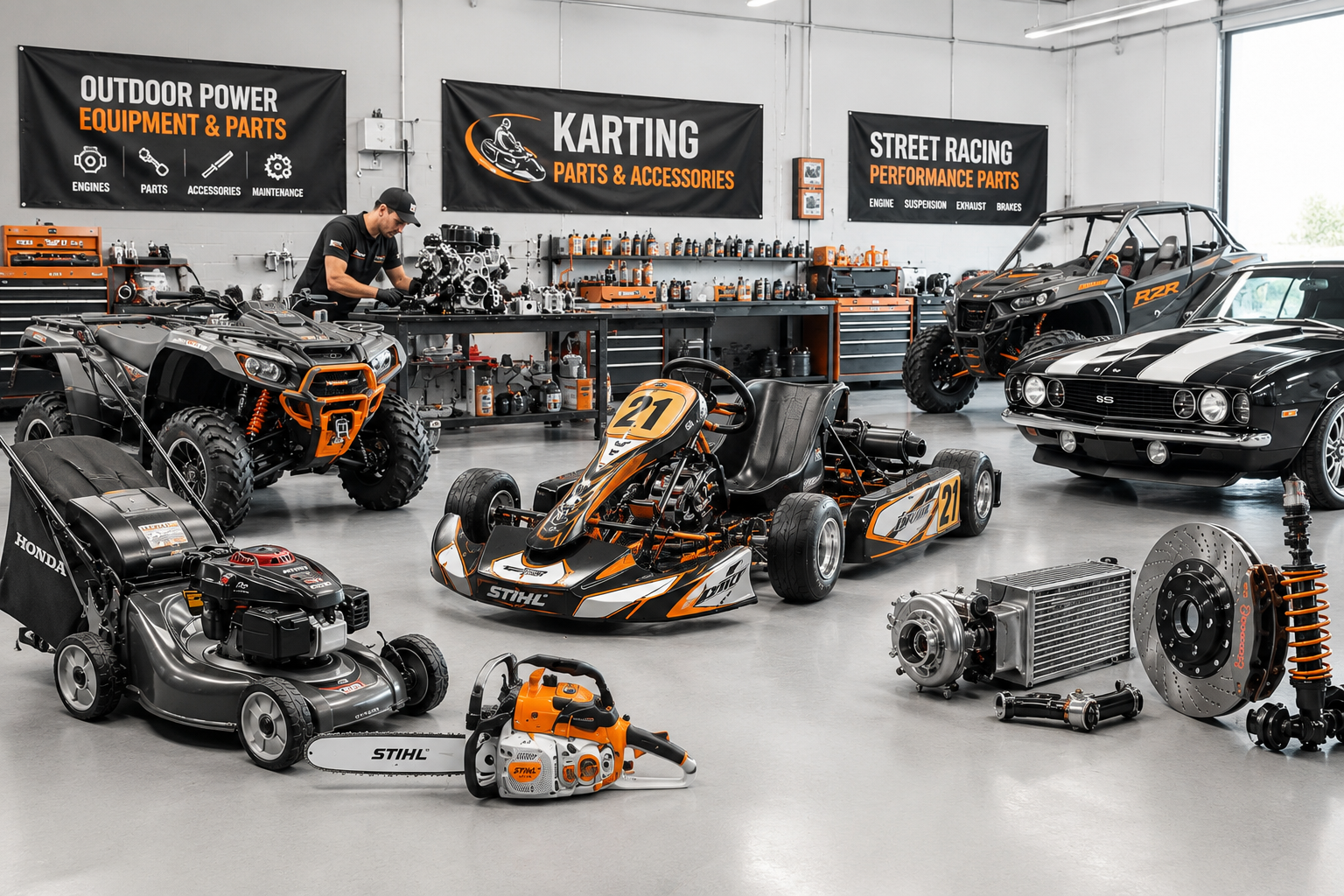 A large, clean auto parts and racing workshop interior with multiple vehicles and equipment. In the center is an orange, black, and white go-kart; to the left is an orange and black ATV with a person working at a workbench, and to the right is a black and white racing car.