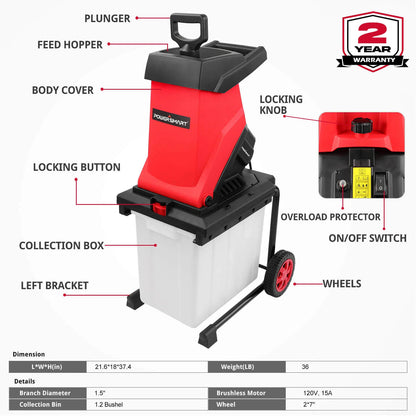 PowerSmart 15Amp Electric Wood Chipper Leaf Mulcher w/ Collection Bin PS12A