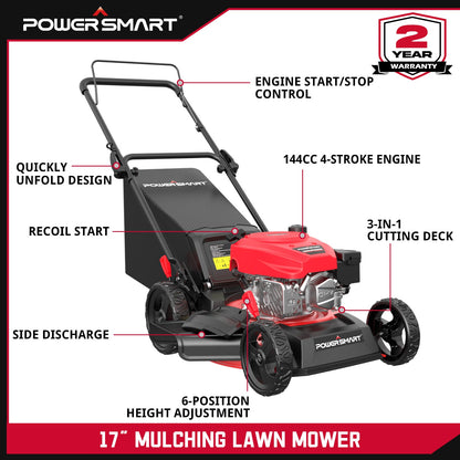 PowerSmart 17" 144cc Gas Push 3-in-1 Lawn Mower DV8618P/V8617P